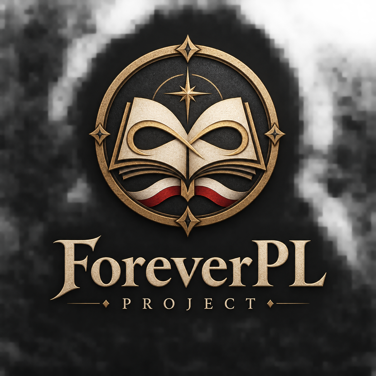ForeverPL Project — złoty emblemat otwartej księgi z biało-czerwoną wstęgą